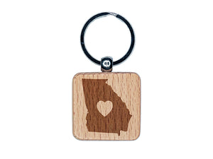 Georgia State with Heart Engraved Wood Square Keychain Tag Charm