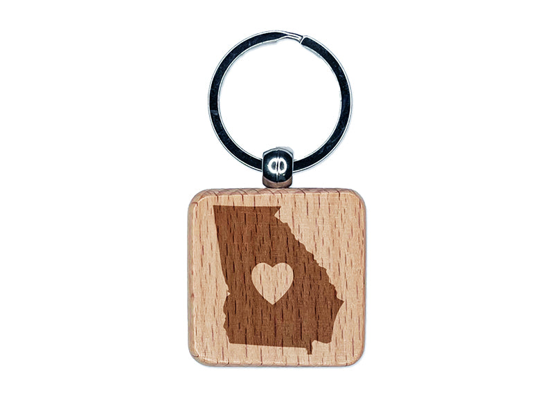 Georgia State with Heart Engraved Wood Square Keychain Tag Charm