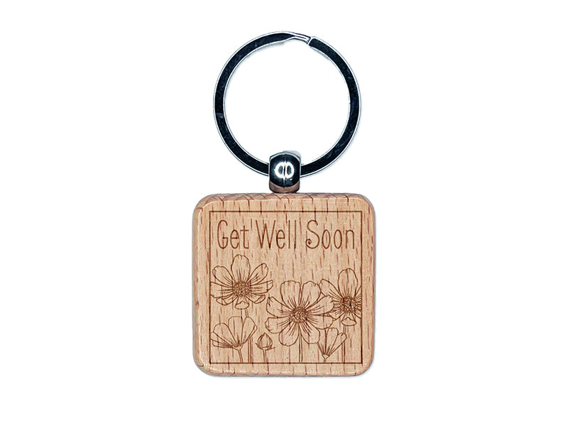 Get Well Soon Cosmos Flowers Drawing Engraved Wood Square Keychain Tag Charm
