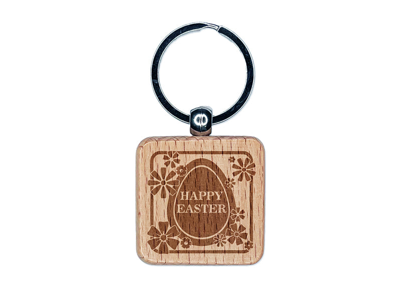 Happy Easter Egg Silhouette And Flowers Engraved Wood Square Keychain Tag Charm