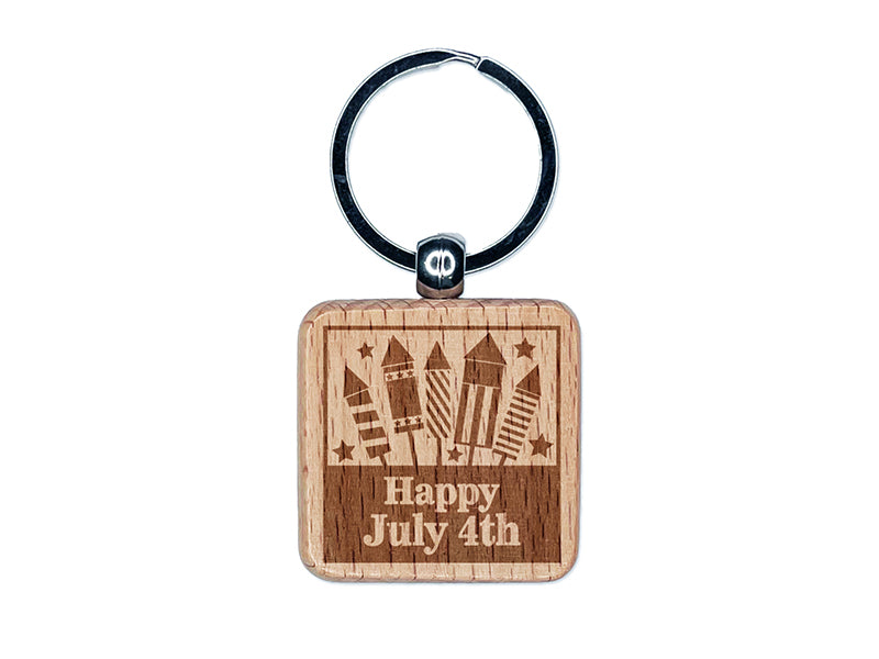 Happy July 4th Independence Day With Fireworks Engraved Wood Square Keychain Tag Charm