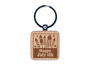 Happy July 4th Independence Day With Fireworks Engraved Wood Square Keychain Tag Charm