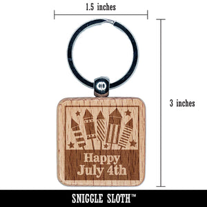 Happy July 4th Independence Day With Fireworks Engraved Wood Square Keychain Tag Charm