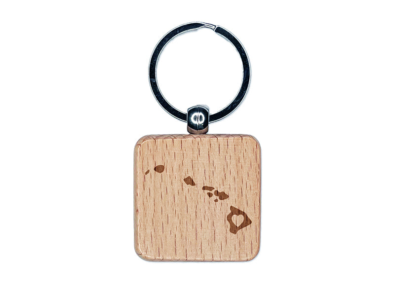 Hawaii State with Heart Engraved Wood Square Keychain Tag Charm