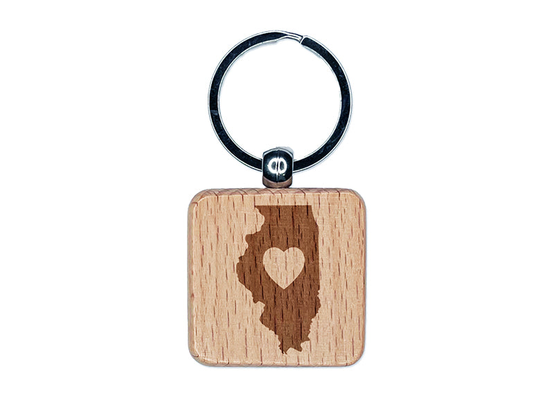 Illinois State with Heart Engraved Wood Square Keychain Tag Charm