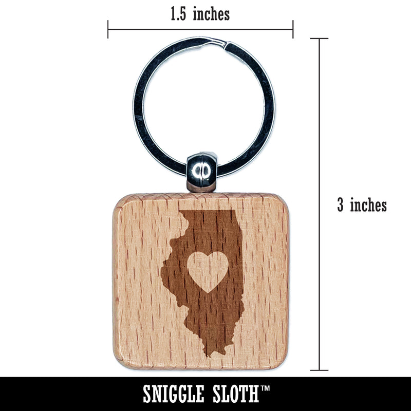 Illinois State with Heart Engraved Wood Square Keychain Tag Charm