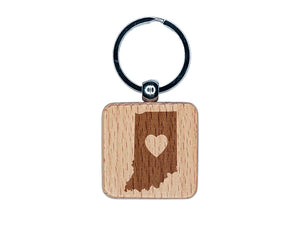 Indiana State with Heart Engraved Wood Square Keychain Tag Charm