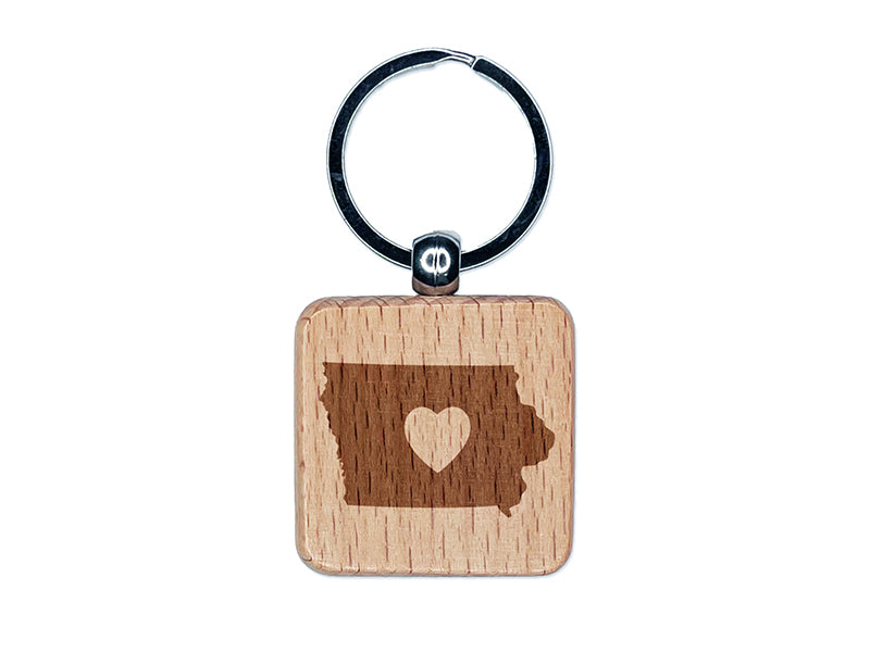 Iowa State with Heart Engraved Wood Square Keychain Tag Charm