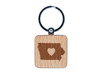 Iowa State with Heart Engraved Wood Square Keychain Tag Charm