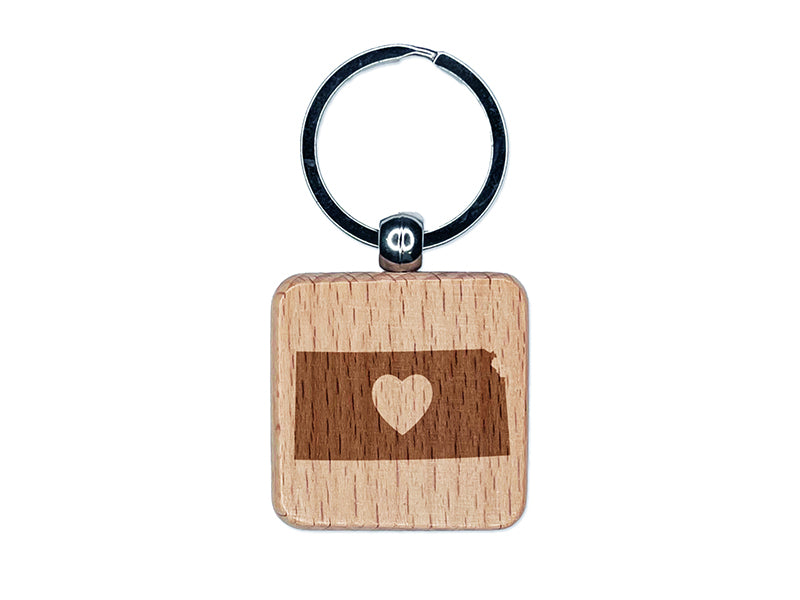 Kansas State with Heart Engraved Wood Square Keychain Tag Charm