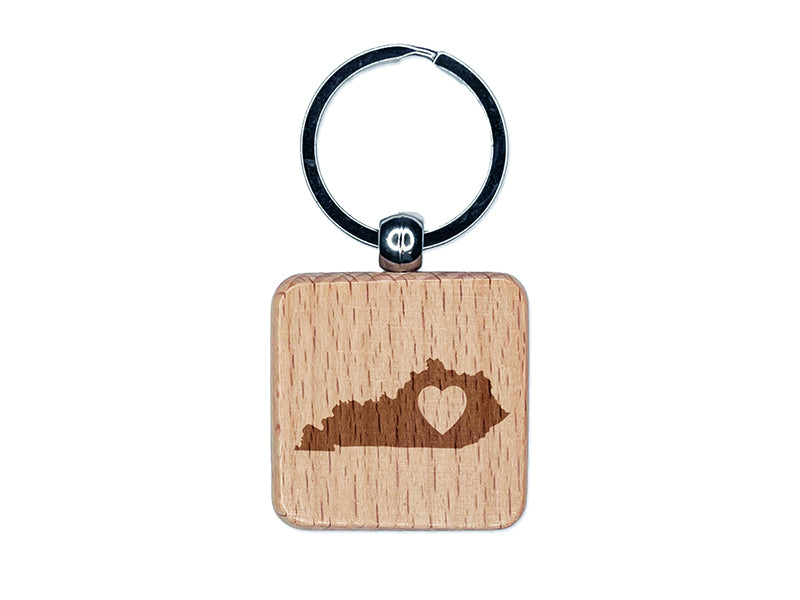 Kentucky State with Heart Engraved Wood Square Keychain Tag Charm