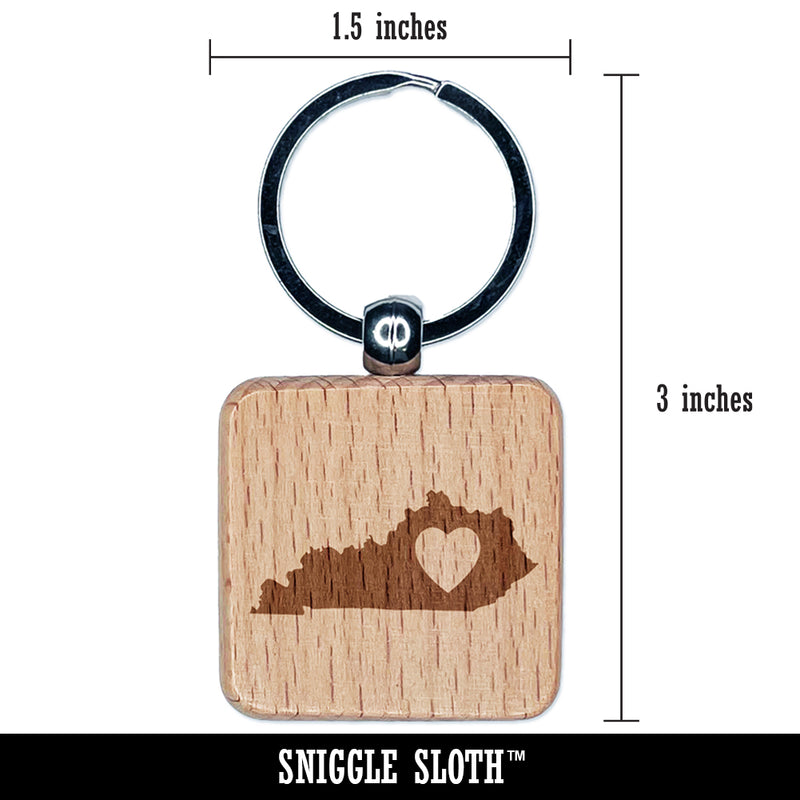 Kentucky State with Heart Engraved Wood Square Keychain Tag Charm