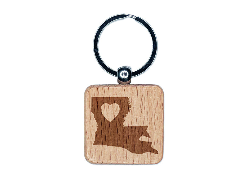 Louisiana State with Heart Engraved Wood Square Keychain Tag Charm