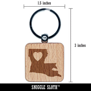 Louisiana State with Heart Engraved Wood Square Keychain Tag Charm