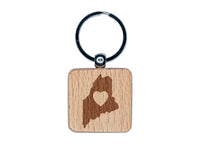 Maine State with Heart Engraved Wood Square Keychain Tag Charm