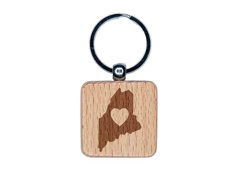 Maine State with Heart Engraved Wood Square Keychain Tag Charm