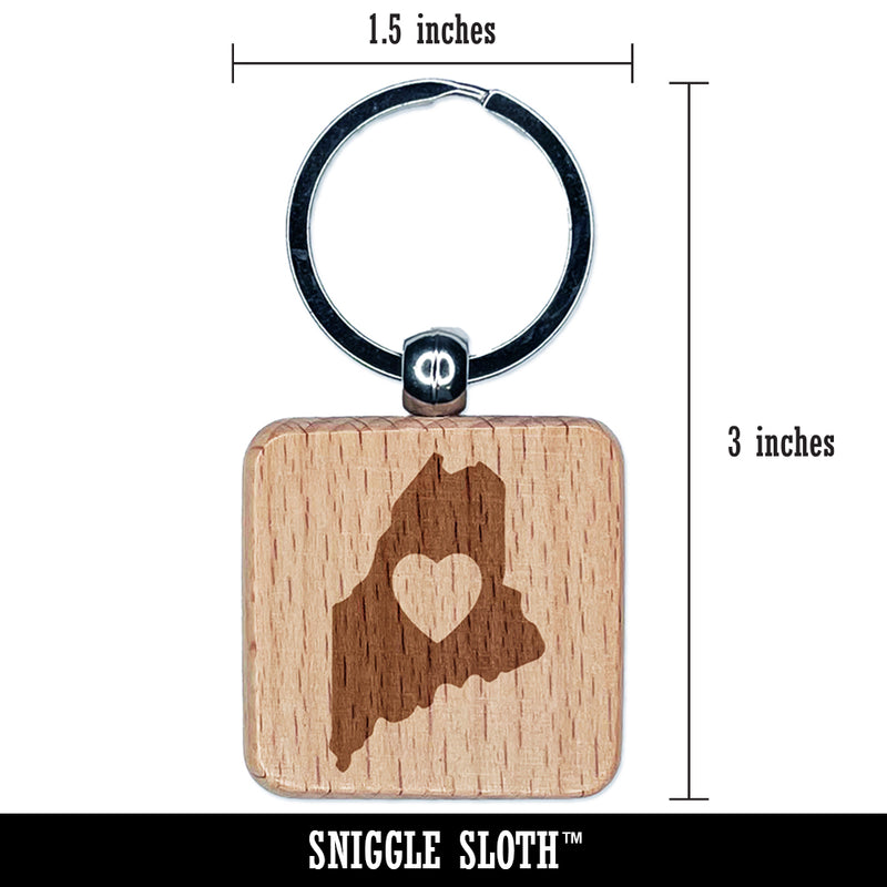 Maine State with Heart Engraved Wood Square Keychain Tag Charm