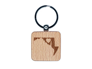 Maryland State with Heart Engraved Wood Square Keychain Tag Charm