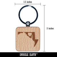 Maryland State with Heart Engraved Wood Square Keychain Tag Charm