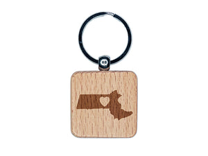 Massachusetts State with Heart Engraved Wood Square Keychain Tag Charm