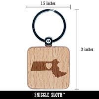 Massachusetts State with Heart Engraved Wood Square Keychain Tag Charm