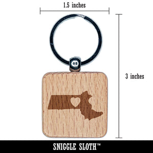 Massachusetts State with Heart Engraved Wood Square Keychain Tag Charm