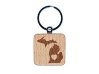 Michigan State with Heart Engraved Wood Square Keychain Tag Charm