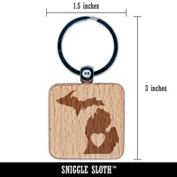 Michigan State with Heart Engraved Wood Square Keychain Tag Charm