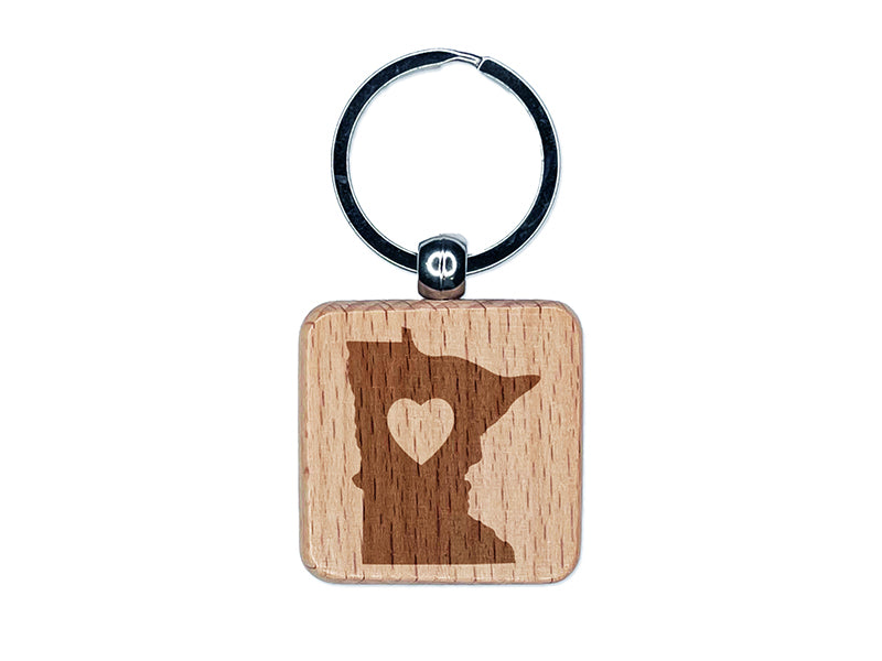 Minnesota State with Heart Engraved Wood Square Keychain Tag Charm