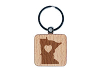 Minnesota State with Heart Engraved Wood Square Keychain Tag Charm