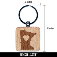 Minnesota State with Heart Engraved Wood Square Keychain Tag Charm