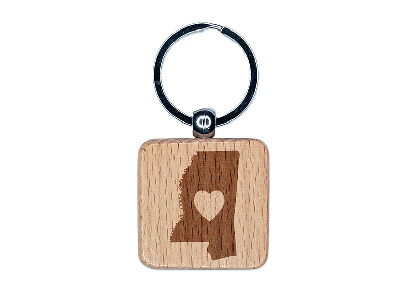 Mississippi State with Heart Engraved Wood Square Keychain Tag Charm