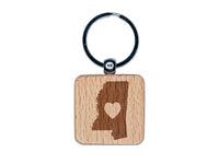 Mississippi State with Heart Engraved Wood Square Keychain Tag Charm