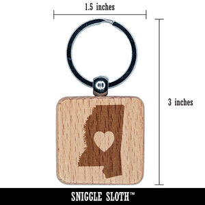 Mississippi State with Heart Engraved Wood Square Keychain Tag Charm