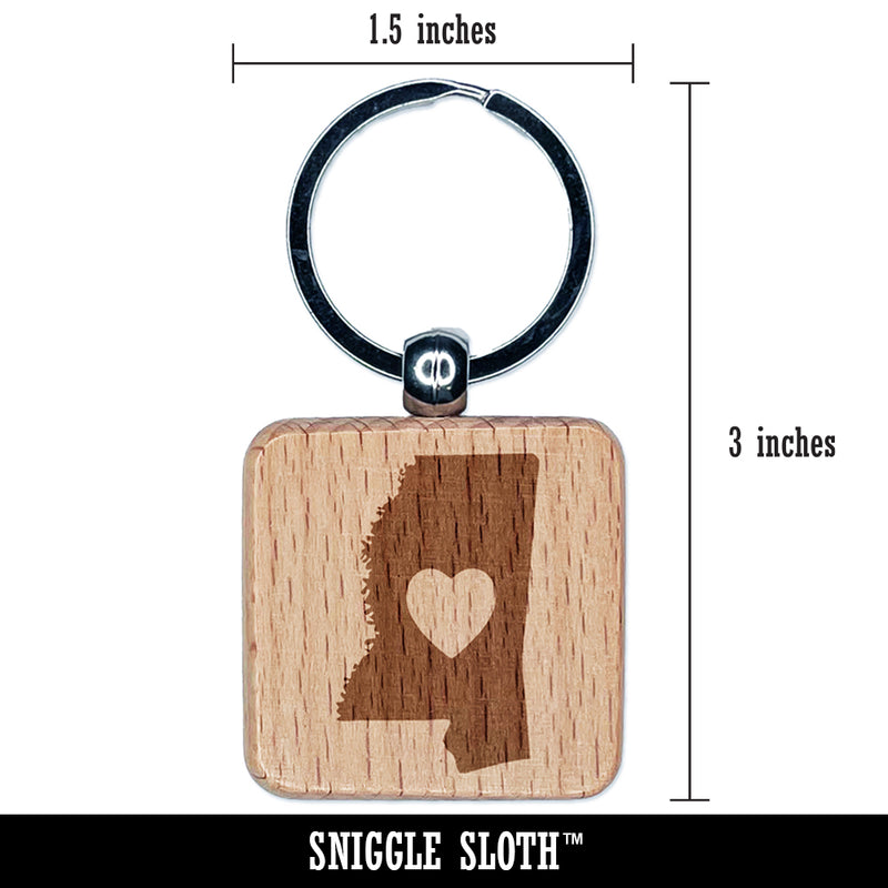 Mississippi State with Heart Engraved Wood Square Keychain Tag Charm