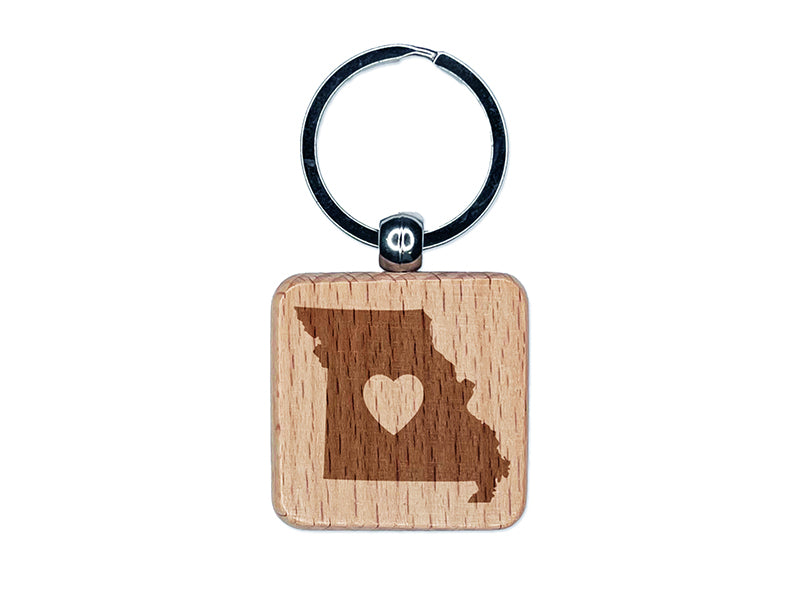 Missouri State with Heart Engraved Wood Square Keychain Tag Charm