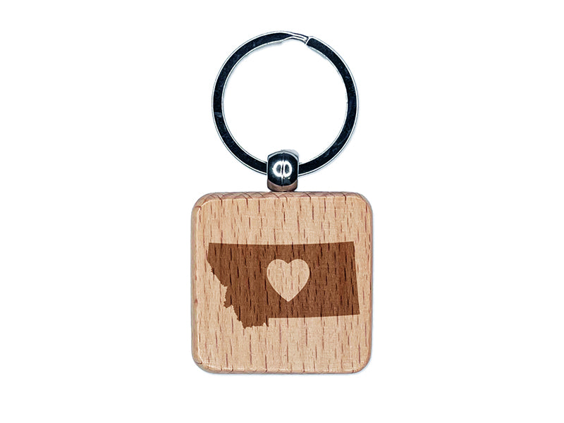 Montana State with Heart Engraved Wood Square Keychain Tag Charm