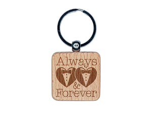 Mr and Mr Always and Forever Wedding Tuxedo Hearts Engraved Wood Square Keychain Tag Charm