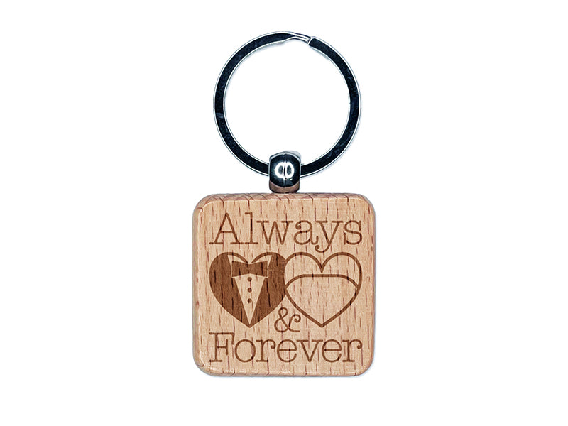 Mr and Mrs Always and Forever Wedding Tuxedo Gown Hearts Engraved Wood Square Keychain Tag Charm
