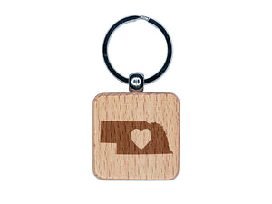 Nebraska State with Heart Engraved Wood Square Keychain Tag Charm