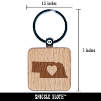 Nebraska State with Heart Engraved Wood Square Keychain Tag Charm