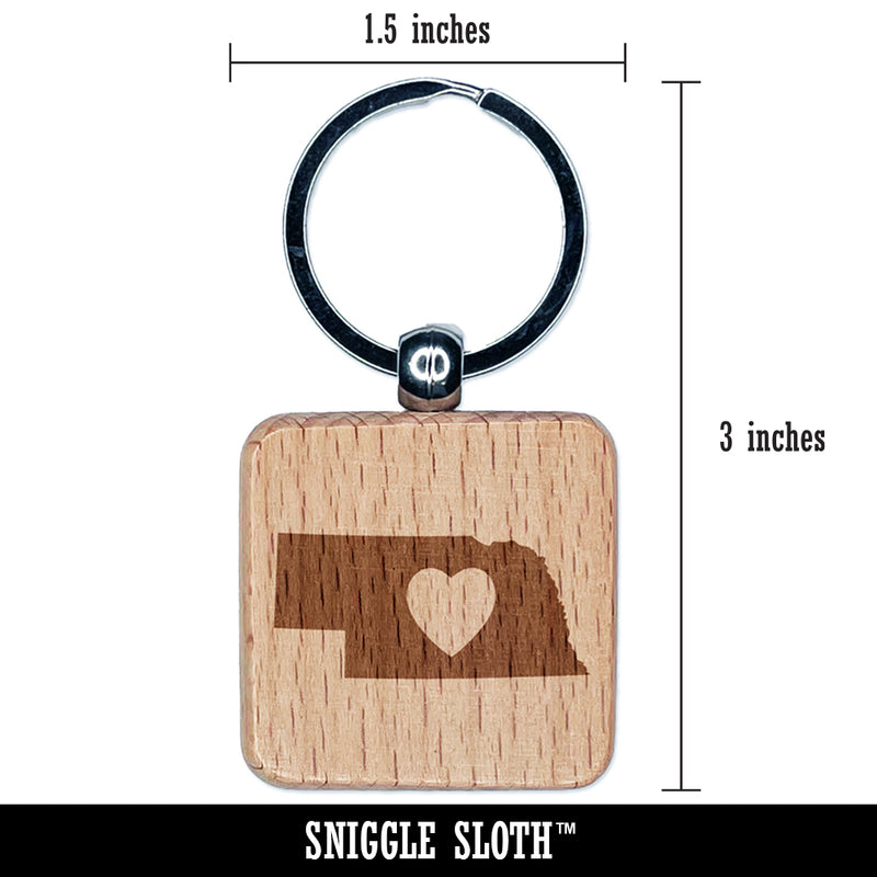 Nebraska State with Heart Engraved Wood Square Keychain Tag Charm