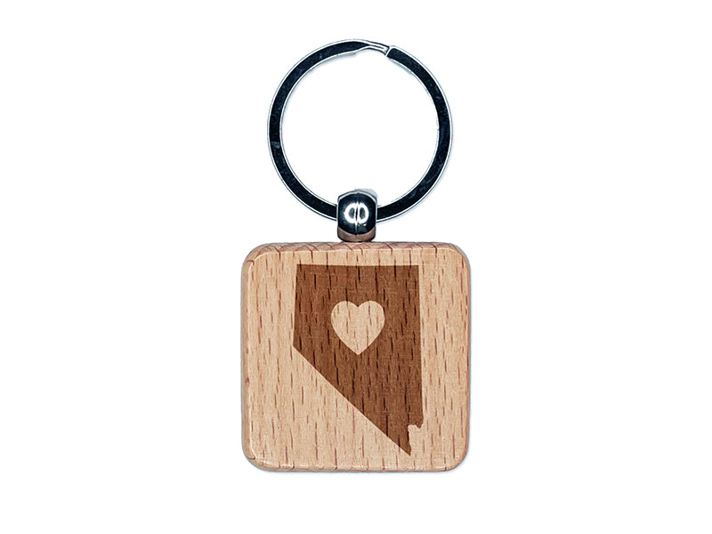 Nevada State with Heart Engraved Wood Square Keychain Tag Charm