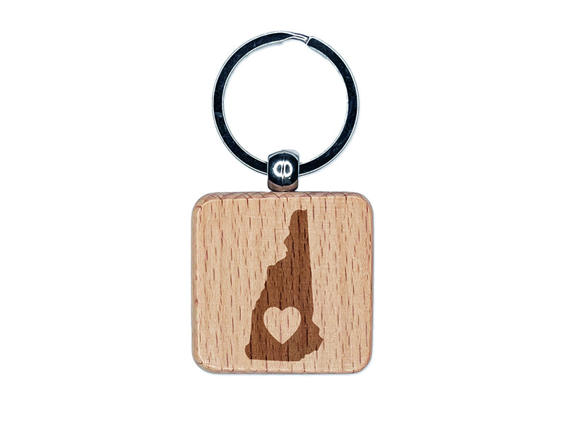 New Hampshire State with Heart Engraved Wood Square Keychain Tag Charm