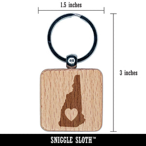 New Hampshire State with Heart Engraved Wood Square Keychain Tag Charm