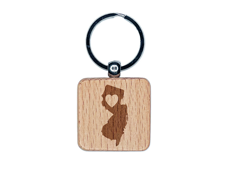 New Jersey State with Heart Engraved Wood Square Keychain Tag Charm