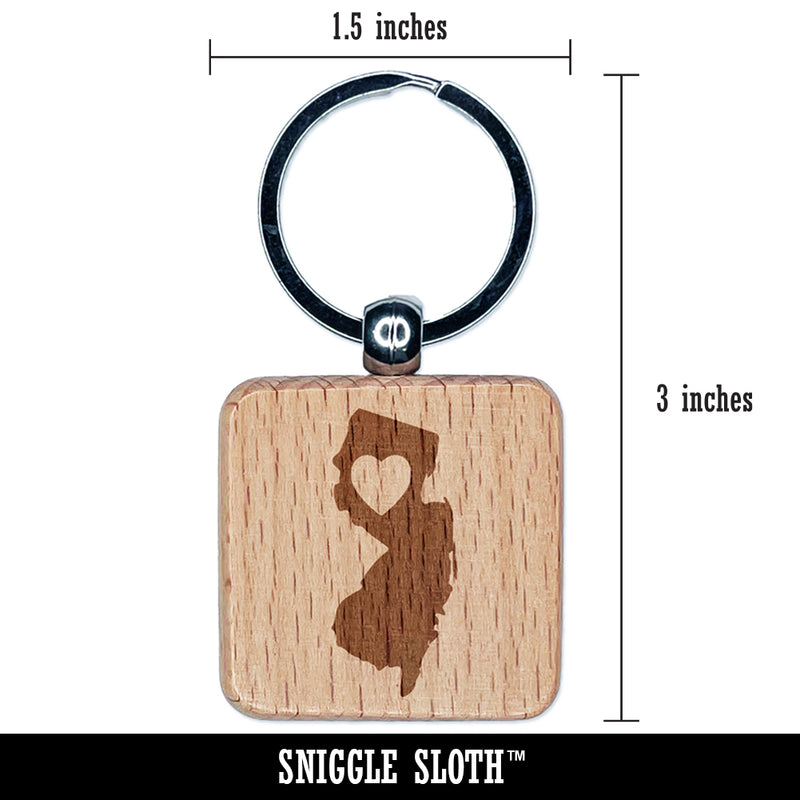 New Jersey State with Heart Engraved Wood Square Keychain Tag Charm