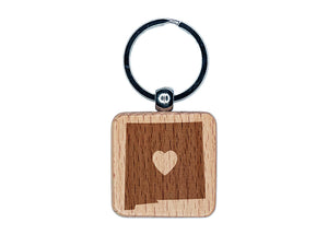 New Mexico State with Heart Engraved Wood Square Keychain Tag Charm