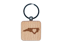 North Carolina State with Heart Engraved Wood Square Keychain Tag Charm