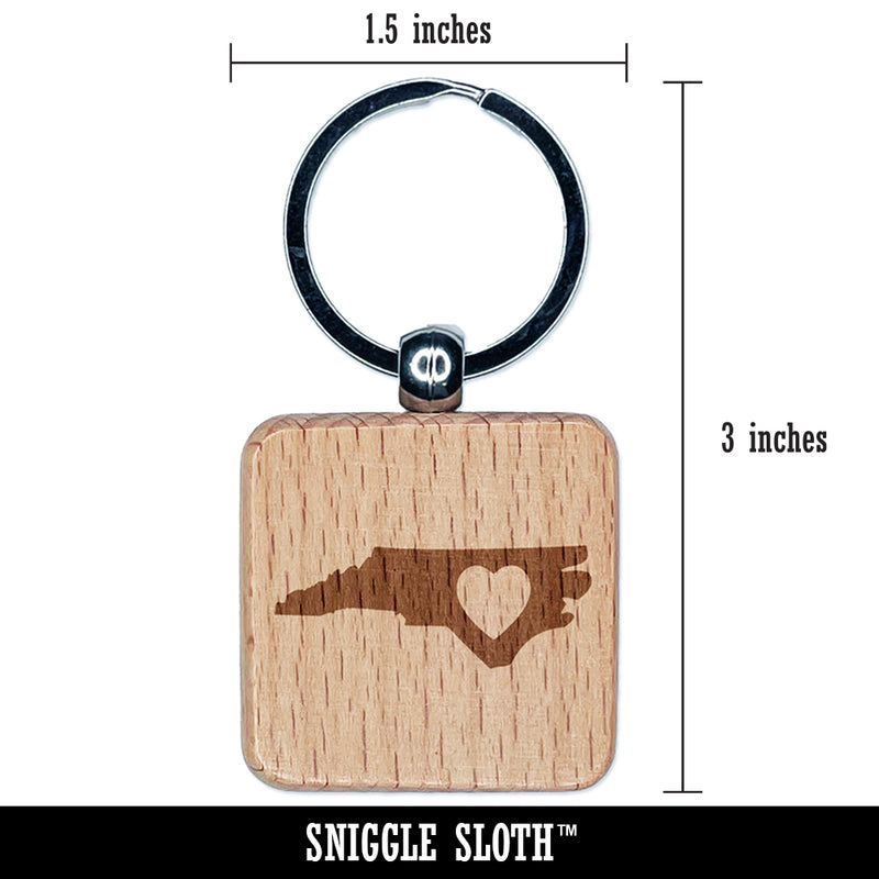 North Carolina State with Heart Engraved Wood Square Keychain Tag Charm